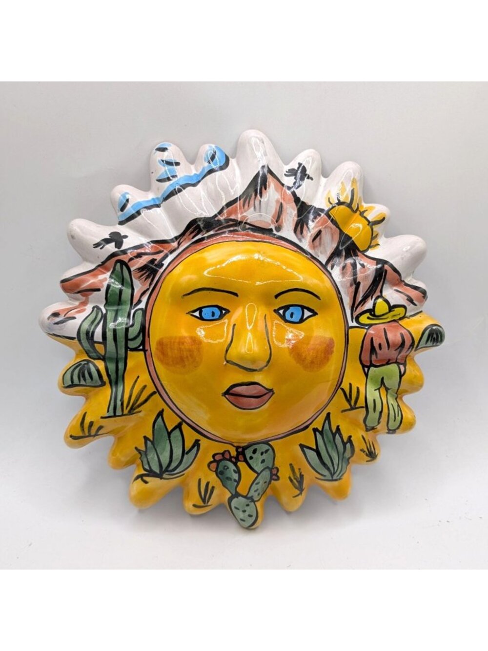 Mexican Talavera Ceramic Sun Face Wall Art Hand-Painted Southwest Design 12-Inch